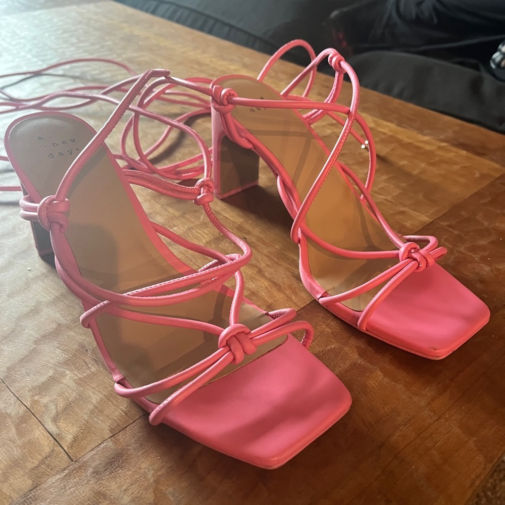 Pink lace up high heels, worn once